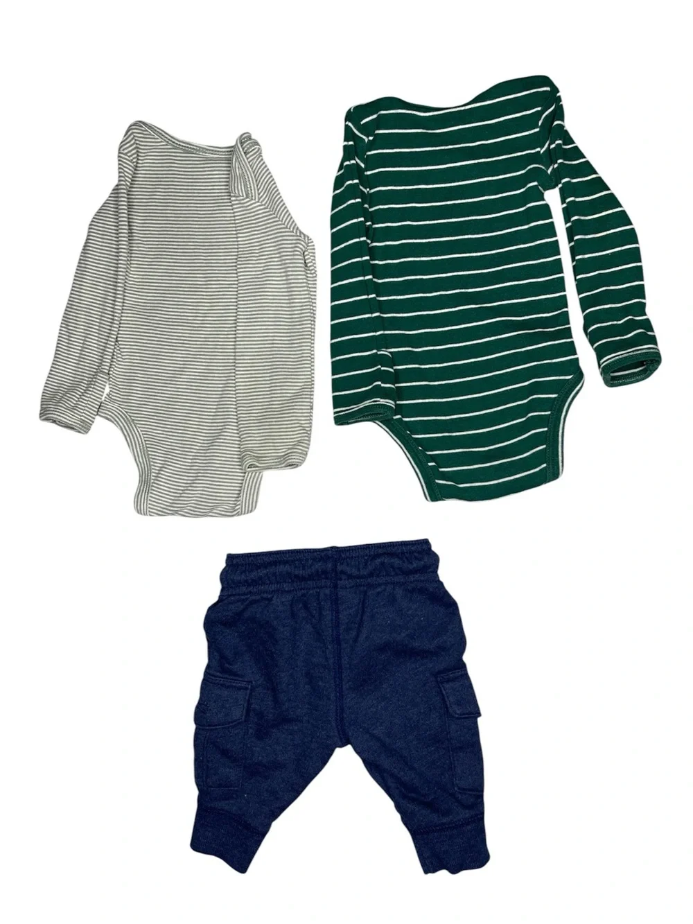 Carter's Green and Cream Striped Long-Sleeve Bodysuits with Navy Pants 3m